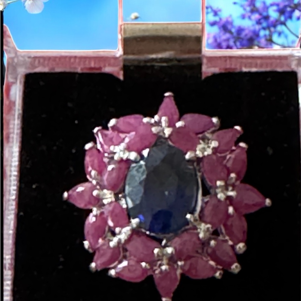 Handcrafted Sterling Silver Oval Genuine Blue Topaz & Rubies & White Topaz